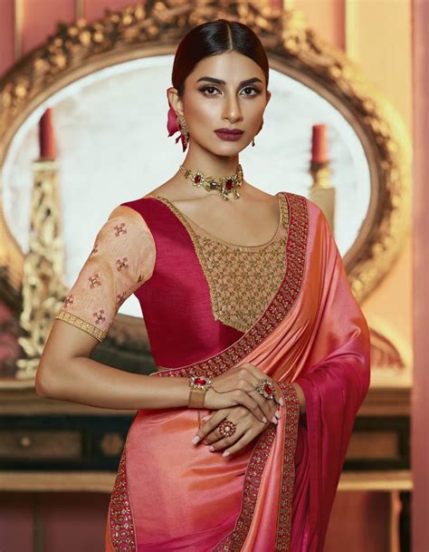 Peach Embroidered Satin Saree With Blouse Lilots 3153334