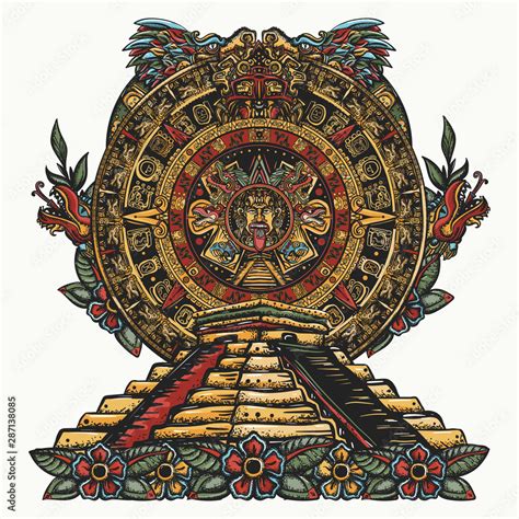 Aztec Sun Stone And Pyramids Chichen Itzá And Kukulkan God Feathered