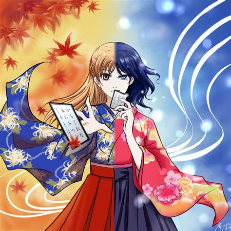 Arashi Aya Ayase Chihaya Wakamiya Shinobu Chihayafuru Highres Autumn Leaves Blue Eyes