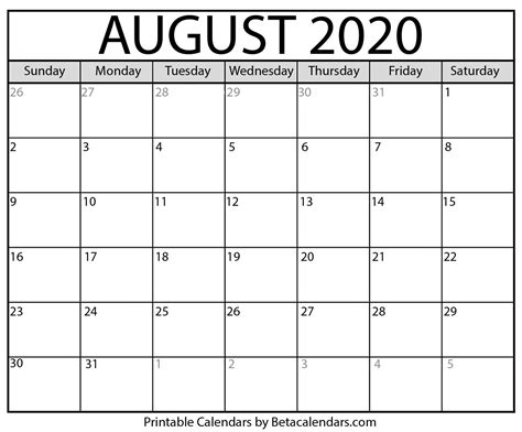 August 2020 Calendar Free Download Aashe
