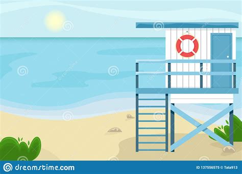 Beach Landscape With A Lifeguard House Flat Vector Illustration Stock