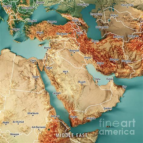 Middle East 3d Render Topographic Map Color Border Cities Jigsaw Puzzle