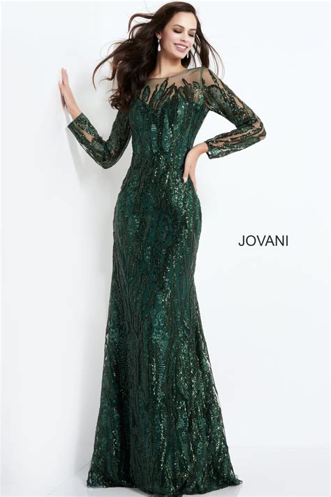 Jovani 03936 Dark Green Long Sleeve Embellished Evening Dress
