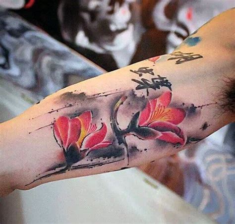 Flowers With Watercolor Background Male Chinese Tattoos On Inner Arm