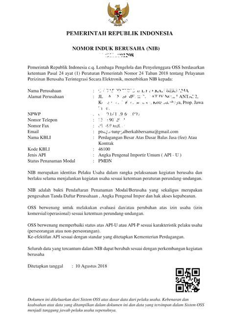 Contoh Surat API-U/P Nomor Induk Berusaha (NIB) - Indonesia Undername Import Export Blog