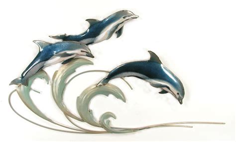 W6202g Triple Dolphin Wall Hanging Metal Art Nature Metal Glass
