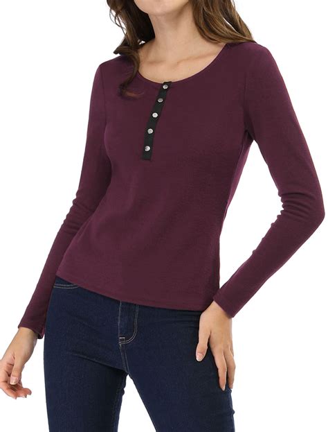 unique bargains women s long sleeve knit top henley neck button shirt xl wine red