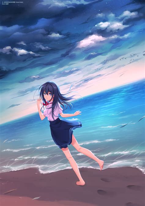 Wallpaper Sunlight Sea Long Hair Anime Girls Blue Eyes Water Sky Legs Clouds Beach