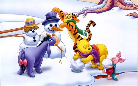 Cartoon Winnie The Pooh Tigger And Piglet Winter Snow Making Snowman Hd