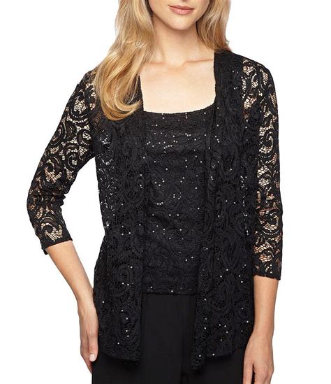 Alex Evenings 34 Sleeve Sequined Illusion Neck Twin Set Lace Evening