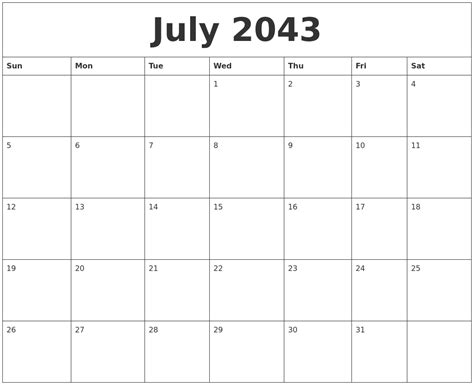 July 2043 Blank Monthly Calendar Template