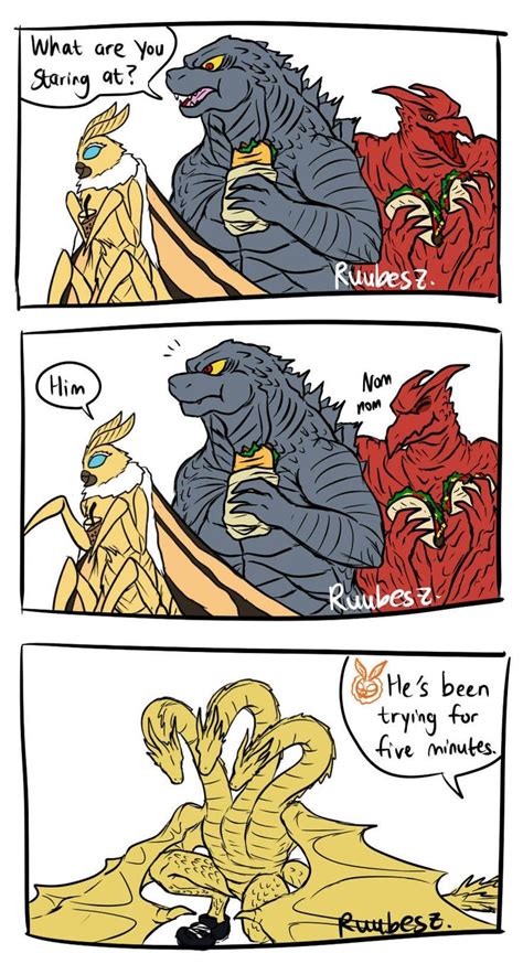 Two Comic Panels Showing Godzillas Fighting Each Other With Their Heads
