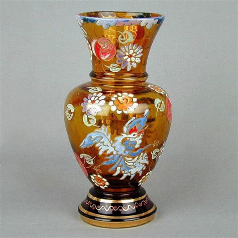 Bohemian Hand Painted Enamel Glass Vase Exotic Bird From