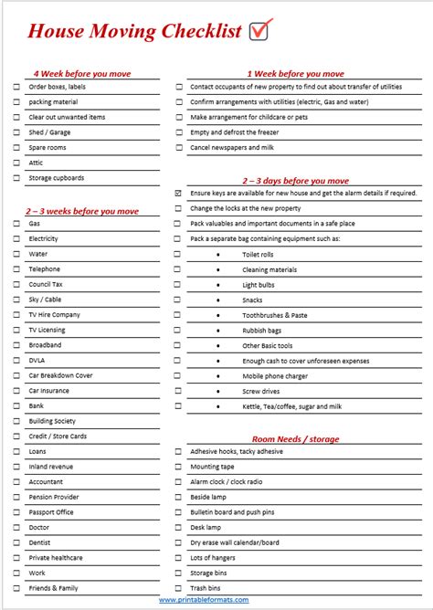House Moving Checklist Templates Printable Formats