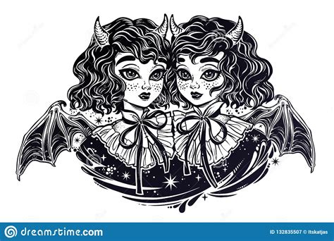 Gothic Victorian Twin Witch Demon Vampire Girls Heads Portrait Stock