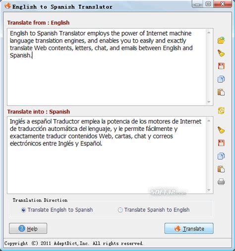The tool is limited to translating 1000 characters a time. Download English to Spanish Translator 2.00
