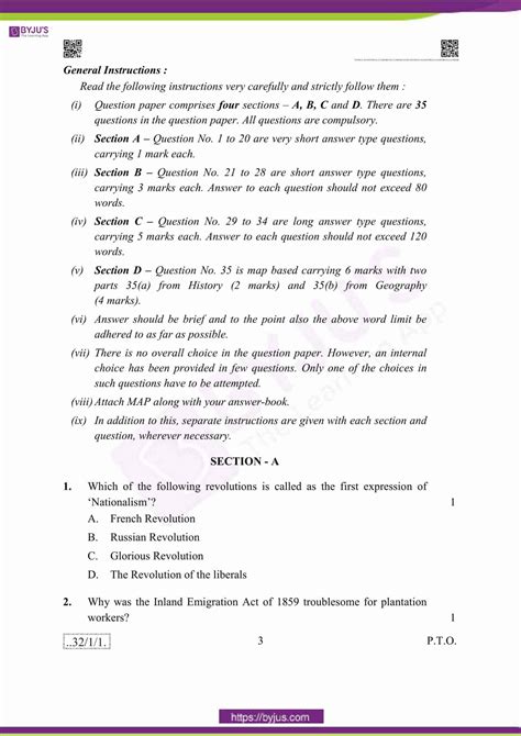 CBSE Previous Year Question Paper Class 10 Social Science 2020
