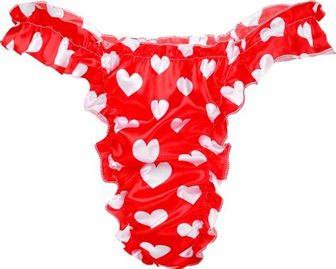 Iiniim Mens Soft Satin Ruffled Frilly Sissy Briefs Thong Underwear Gay Lingerie Heart Red Xl