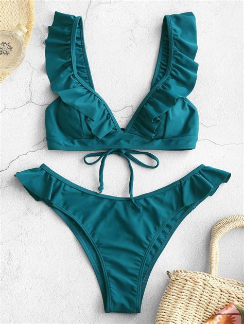 ZAFUL Ruffle Padded Bikini Set EMERALD GREEN MEDIUM SEA GREEN