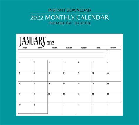 2022 Monthly Calendar Landscape Printable Calendar Year Etsy