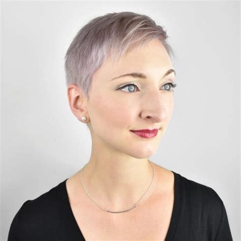 Silver Asymmetrical Pixie With Side Swept Bangs And Purple Shadow Roots
