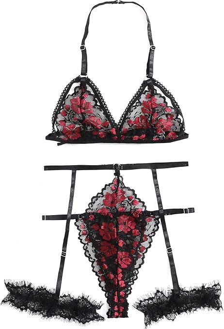 Shein Womens Floral Lace Lingerie Set With Garter Belts Bra And Panty Set Red Black