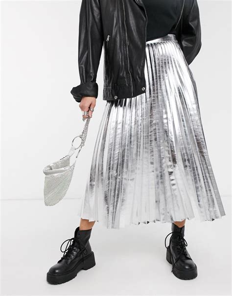 Topshop Faux Leather Pleated Midi Skirt In Silver Metallic Lyst