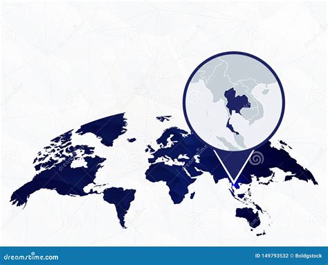 Thailand Detailed Map Highlighted On Blue Rounded World Map Stock