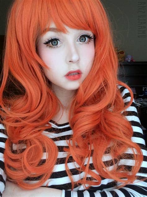 Tangerine orange hair with yellow face frame. GEO Xtra WTC14 Brown Lenses&Curly Orange Wig