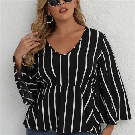 wholesale plus size women elegant casual sexy long sleeved color blocking stripe blouse