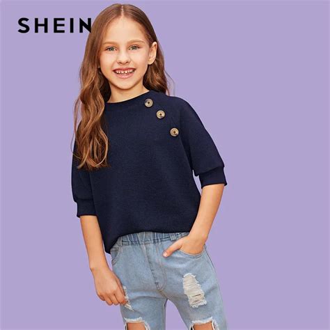 Shein Kiddie Navy Solid Girls Button Front Blouse Shirts Kids Clothing
