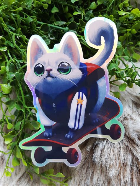 Cute Holographic Skateboard Cat Sticker Etsy