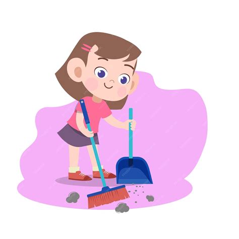 Premium Vector Kid Girl Sweeping Broom Illustration