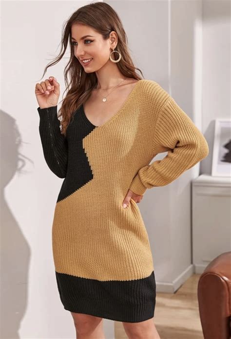 Womens Autumn Casual V Neck Loose Sweater Dress Sweater Dress Women Loose Sweater Dress