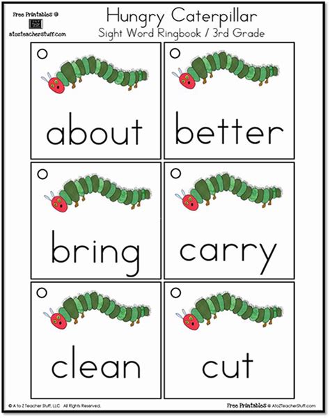Hungry Caterpillar Third Grade Sight Words Ring Book A To Z Teacher