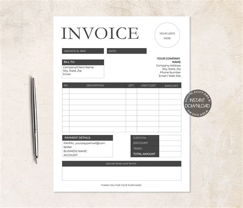 Invoice Template Printable Invoice Editable Invoice Etsy Invoice