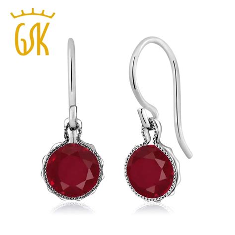 GemStoneKing 2 00 Ct 6mm Round Red Ruby Dangle Earrings 925 Sterling