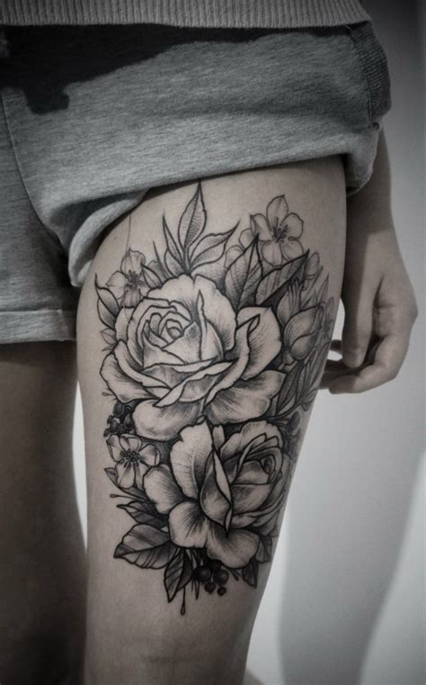 Cute Black Ink Rose Flowers Tattoo On Thigh Tattooimagesbiz