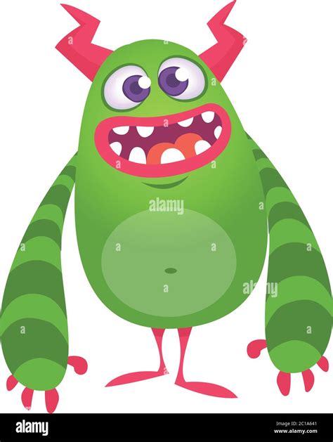 Happy Cool Cartoon Fat Monster Green And Horned Vector Monster