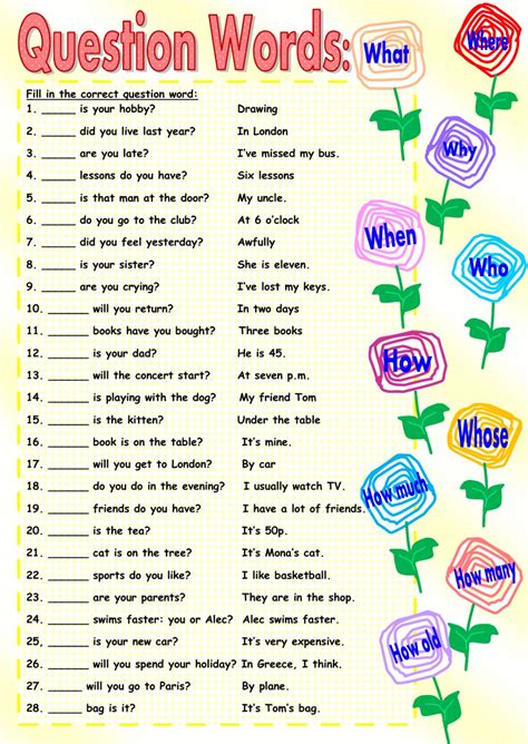 We have the following activities for parents and ela / esl teachers Question words Interactive worksheet