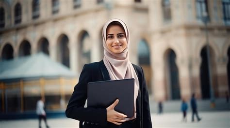 Premium Ai Image Beautiful Young Working Woman In Hijab Suit And