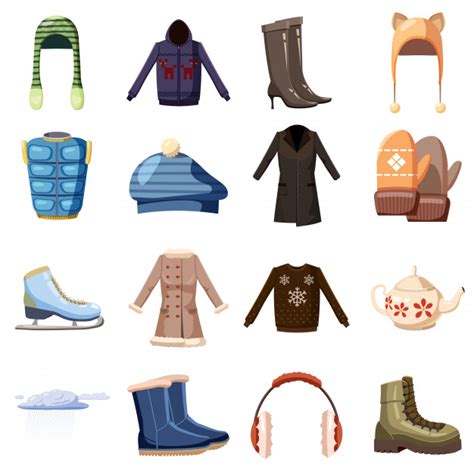 Abrigo de invierno de moda. Conjunto de iconos de ropa de invierno, estilo de dibujos animados | Vector Premium