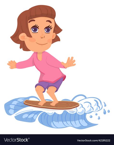 Girl Surfing On Wave Kid Standing Surf Board Vector Image