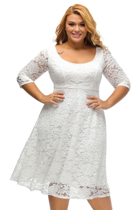 New White Lace Floral Sleeved Fit And Flare Curvy Dress Plus Size