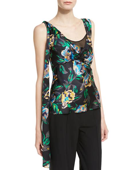 Diane Von Furstenberg Sleeveless Shoulder Knot Floral Print Silk Top