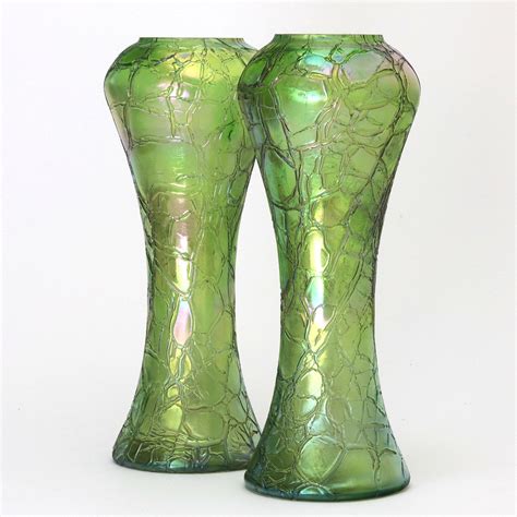 Pair Of Kralik Iridescent Crackle Glass Vases C 1900 1 Of 7 Blue Glass Vase Green Vase