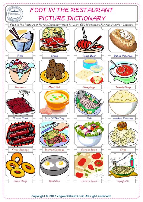 Food In The Restaurant English Worksheet For Kids Esl Printable Picture