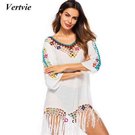 Vertvie Women Beach Tunic Dress Cover Ups Long Dress Swimsuits Tunics White Biquini Cover Up