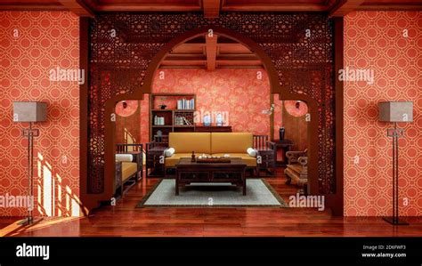Interior Of Traditional Chinese Style Living Room With Furniture And
