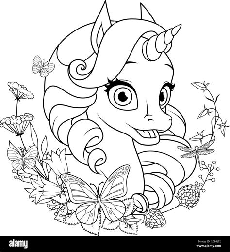 Cute Baby Unicorn Surrounded With Flowers And Butterflies Coloring
